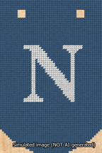 A simulated image of the stitched needlepoint design: Banner 13m Curved N White on Blue. Not A.I. generated.