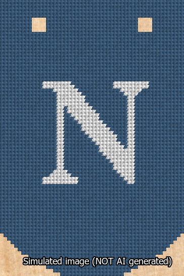 A simulated image of the stitched needlepoint design: Banner 13m Curved N White on Blue. Not A.I. generated.