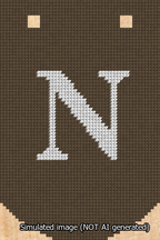 A simulated image of the stitched needlepoint design: Banner 13m Curved N White on Brown. Not A.I. generated.