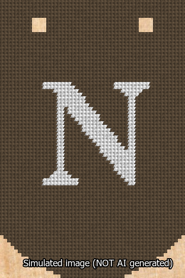 A simulated image of the stitched needlepoint design: Banner 13m Curved N White on Brown. Not A.I. generated.