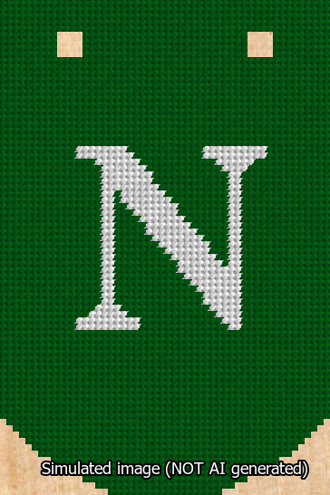 A simulated image of the stitched needlepoint design: Banner 13m Curved N White on Green. Not A.I. generated.