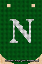 A simulated image of the stitched needlepoint design: Banner 13m Curved N White on Green. Not A.I. generated.