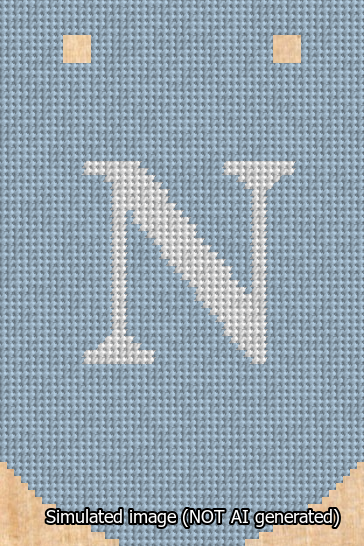 A simulated image of the stitched needlepoint design: Banner 13m Curved N White on Light Blue. Not A.I. generated.