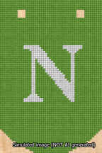 A simulated image of the stitched needlepoint design: Banner 13m Curved N White on Light Green. Not A.I. generated.