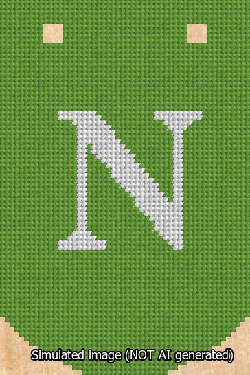 A simulated image of the stitched needlepoint design: Banner 13m Curved N White on Light Green. Not A.I. generated.