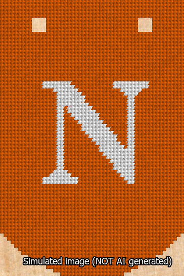 A simulated image of the stitched needlepoint design: Banner 13m Curved N White on Orange. Not A.I. generated.