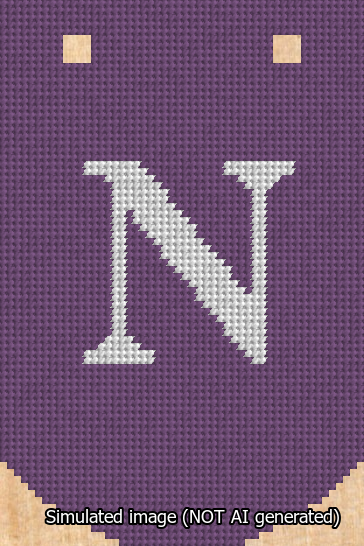 A simulated image of the stitched needlepoint design: Banner 13m Curved N White on Purple. Not A.I. generated.