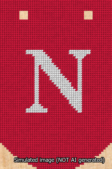 A simulated image of the stitched needlepoint design: Banner 13m Curved N White on Red. Not A.I. generated.