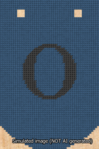 A simulated image of the stitched needlepoint design: Banner 13m Curved O Black on Blue. Not A.I. generated.