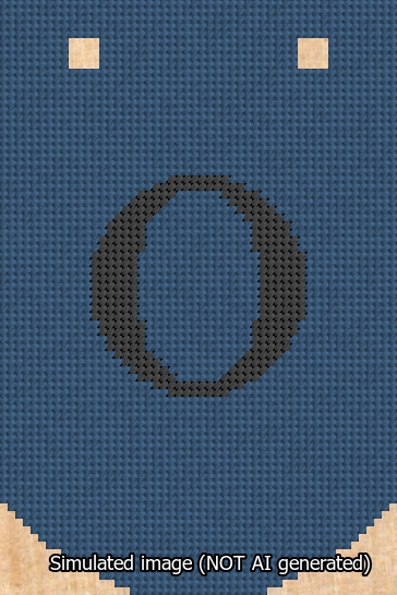 A simulated image of the stitched needlepoint design: Banner 13m Curved O Black on Blue. Not A.I. generated.