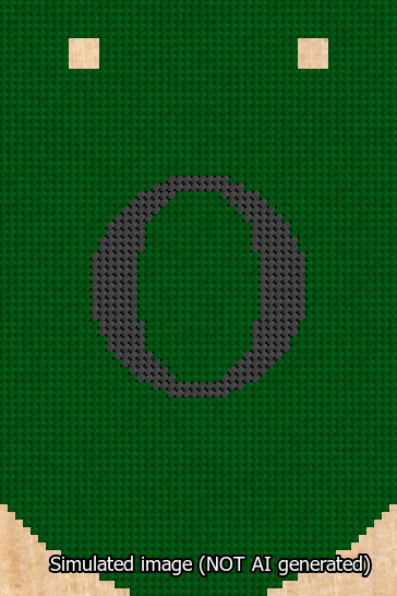 A simulated image of the stitched needlepoint design: Banner 13m Curved O Black on Green. Not A.I. generated.