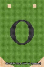 A simulated image of the stitched needlepoint design: Banner 13m Curved O Black on Light Green. Not A.I. generated.