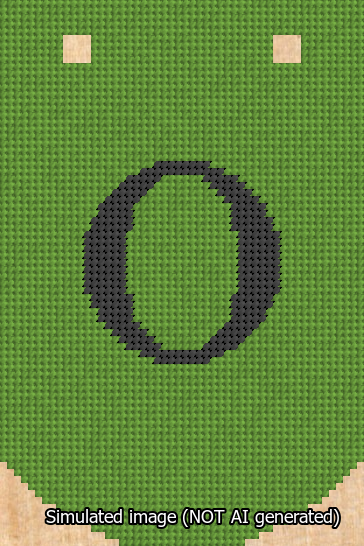 A simulated image of the stitched needlepoint design: Banner 13m Curved O Black on Light Green. Not A.I. generated.