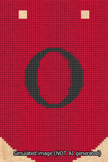 A simulated image of the stitched needlepoint design: Banner 13m Curved O Black on Red. Not A.I. generated.