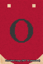 A simulated image of the stitched needlepoint design: Banner 13m Curved O Black on Red. Not A.I. generated.