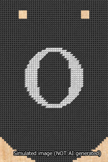 A simulated image of the stitched needlepoint design: Banner 13m Curved O White on Black. Not A.I. generated.