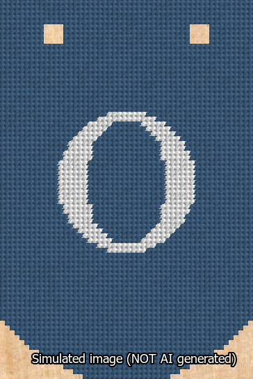 A simulated image of the stitched needlepoint design: Banner 13m Curved O White on Blue. Not A.I. generated.
