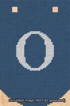 A simulated image of the stitched needlepoint design: Banner 13m Curved O White on Blue. Not A.I. generated.