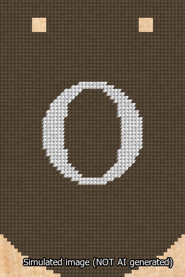 A simulated image of the stitched needlepoint design: Banner 13m Curved O White on Brown. Not A.I. generated.