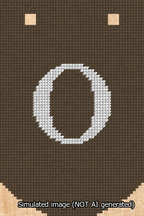 A simulated image of the stitched needlepoint design: Banner 13m Curved O White on Brown. Not A.I. generated.
