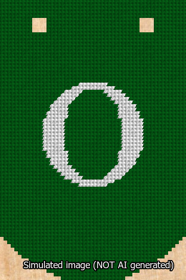 A simulated image of the stitched needlepoint design: Banner 13m Curved O White on Green. Not A.I. generated.