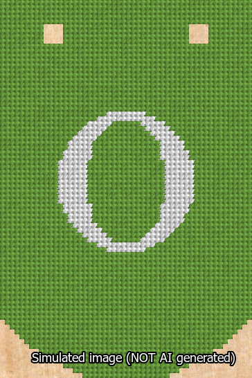 A simulated image of the stitched needlepoint design: Banner 13m Curved O White on Light Green. Not A.I. generated.