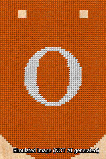 A simulated image of the stitched needlepoint design: Banner 13m Curved O White on Orange. Not A.I. generated.
