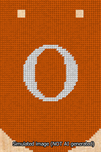 A simulated image of the stitched needlepoint design: Banner 13m Curved O White on Orange. Not A.I. generated.