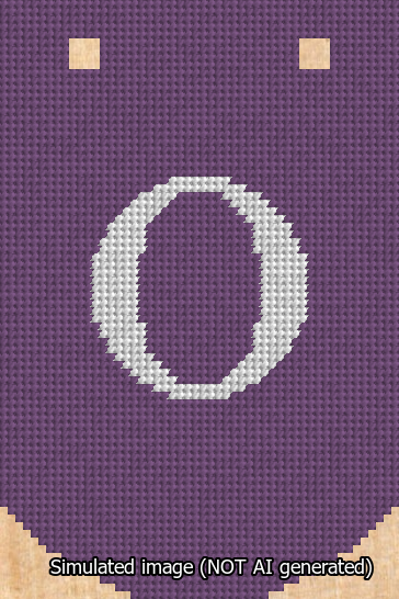 A simulated image of the stitched needlepoint design: Banner 13m Curved O White on Purple. Not A.I. generated.