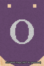 A simulated image of the stitched needlepoint design: Banner 13m Curved O White on Purple. Not A.I. generated.