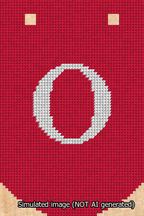 A simulated image of the stitched needlepoint design: Banner 13m Curved O White on Red. Not A.I. generated.