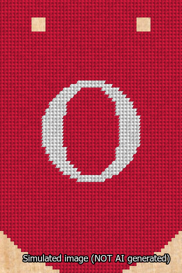 A simulated image of the stitched needlepoint design: Banner 13m Curved O White on Red. Not A.I. generated.