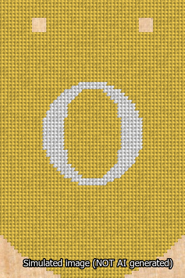 A simulated image of the stitched needlepoint design: Banner 13m Curved O White on Yellow. Not A.I. generated.