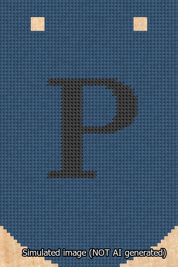A simulated image of the stitched needlepoint design: Banner 13m Curved P Black on Blue. Not A.I. generated.