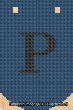 A simulated image of the stitched needlepoint design: Banner 13m Curved P Black on Blue. Not A.I. generated.