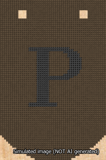 A simulated image of the stitched needlepoint design: Banner 13m Curved P Black on Brown. Not A.I. generated.