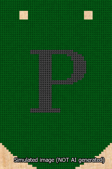 A simulated image of the stitched needlepoint design: Banner 13m Curved P Black on Green. Not A.I. generated.