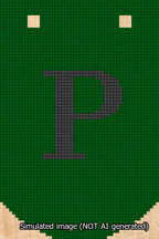 A simulated image of the stitched needlepoint design: Banner 13m Curved P Black on Green. Not A.I. generated.
