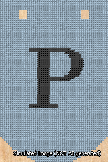 A simulated image of the stitched needlepoint design: Banner 13m Curved P Black on Light Blue. Not A.I. generated.