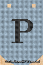 A simulated image of the stitched needlepoint design: Banner 13m Curved P Black on Light Blue. Not A.I. generated.