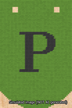 A simulated image of the stitched needlepoint design: Banner 13m Curved P Black on Light Green. Not A.I. generated.