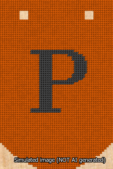 A simulated image of the stitched needlepoint design: Banner 13m Curved P Black on Orange. Not A.I. generated.