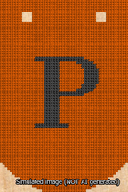 A simulated image of the stitched needlepoint design: Banner 13m Curved P Black on Orange. Not A.I. generated.
