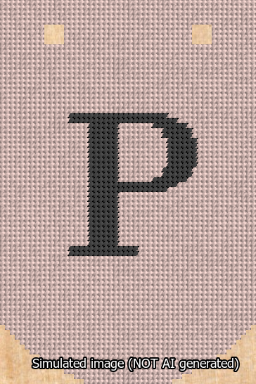 A simulated image of the stitched needlepoint design: Banner 13m Curved P Black on Pink. Not A.I. generated.