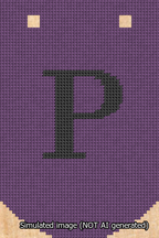 A simulated image of the stitched needlepoint design: Banner 13m Curved P Black on Purple. Not A.I. generated.
