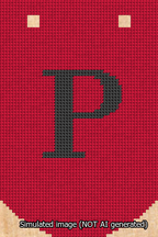 A simulated image of the stitched needlepoint design: Banner 13m Curved P Black on Red. Not A.I. generated.
