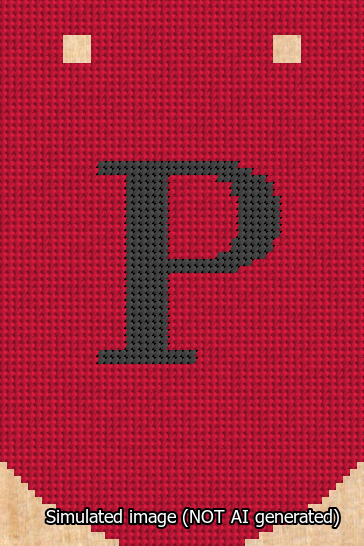 A simulated image of the stitched needlepoint design: Banner 13m Curved P Black on Red. Not A.I. generated.