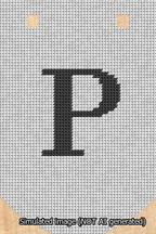 A simulated image of the stitched needlepoint design: Banner 13m Curved P Black on White. Not A.I. generated.