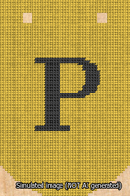 A simulated image of the stitched needlepoint design: Banner 13m Curved P Black on Yellow. Not A.I. generated.