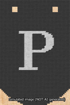 A simulated image of the stitched needlepoint design: Banner 13m Curved P White on Black. Not A.I. generated.